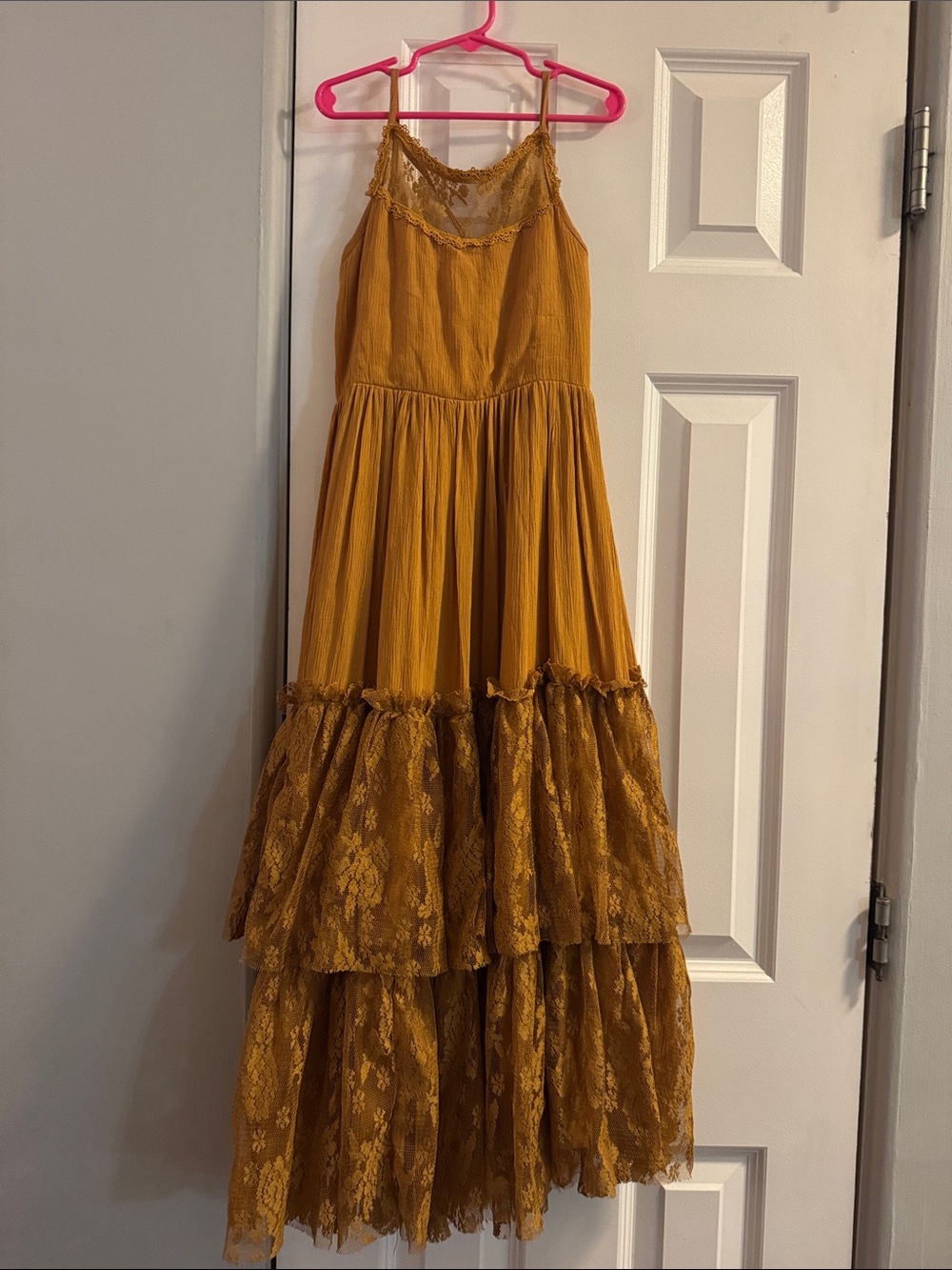 Girls' Mustard Lace Tiered Sundress